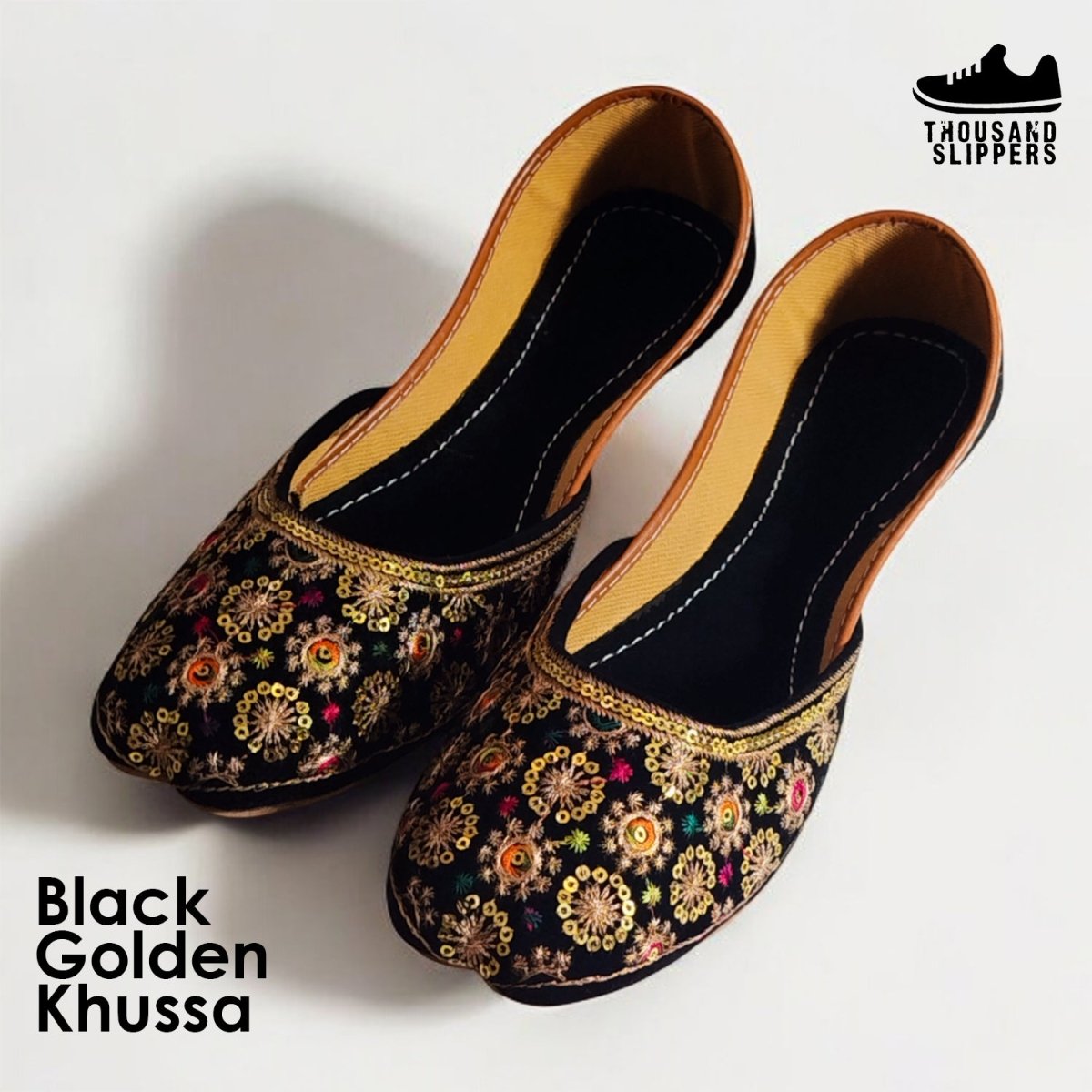 Black golden stylish khussa for girls - Thousand Slippers